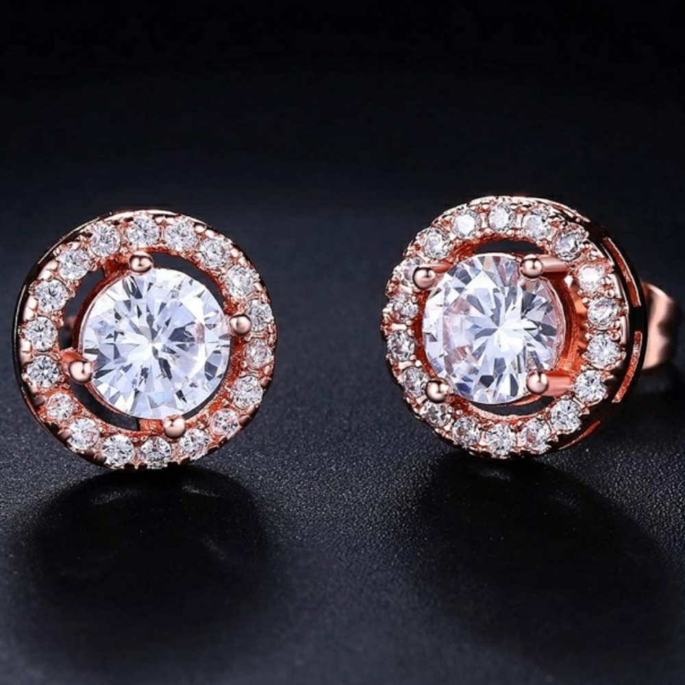 Round Halo CZ Diamond Earrings Rose Gold